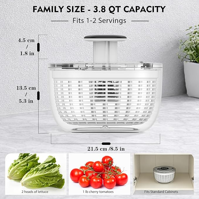 Ourokhome Salad Spinner Lettuce Dryer, One-handed Easy Press Large Vegetable Dryer Salad Mixer with Comfortable and Retractable Pusher and Brake Button for Greens, Herb, Berry, Fruits, 3.8 QT, Black