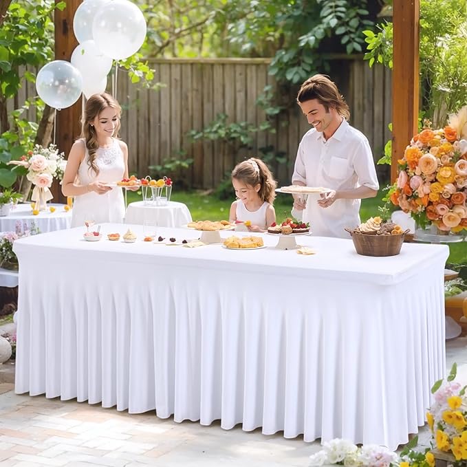 2 Packs White Spandex Table Covers 8 Foot, Fitted Stretch Table Cloth with Skirts 96x30 Inch, Wrinkle-Free Floor Length Rectangle Tablecloths for Weddings Parties Banquets Events
