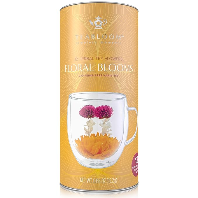 Teabloom Caffeine-Free Petite Blooming Teas - Gift Canister of 12 Assorted Flowering Teas - Ideal with Teabloom Borosilicate Glass Cups or Smaller Teapots