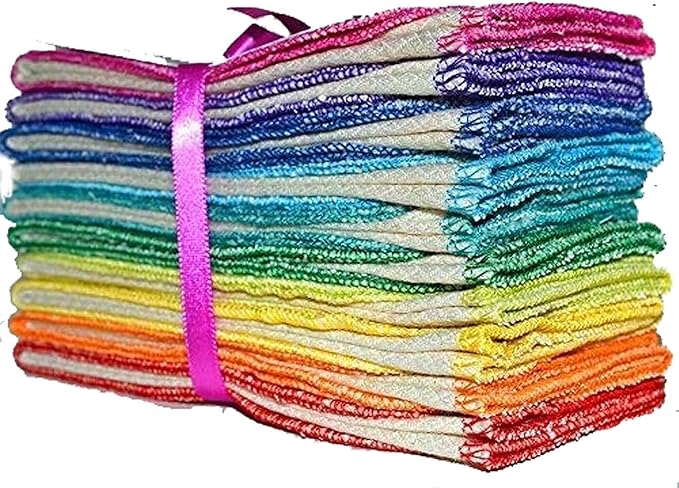 Gina's Soft Cloth Shop 2 Ply 11x12 Inches Unbleached Cotton Birdseye Paperless Towel Set of 10 Rainbow Edging - Proudly Made in the USA!