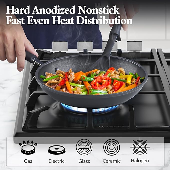 Cook N Home Pots and Pans Set Nonstick Professional Hard Anodized Cookware Sets 12-Piece, Dishwasher Safe with Stay-Cool Handles, Black
