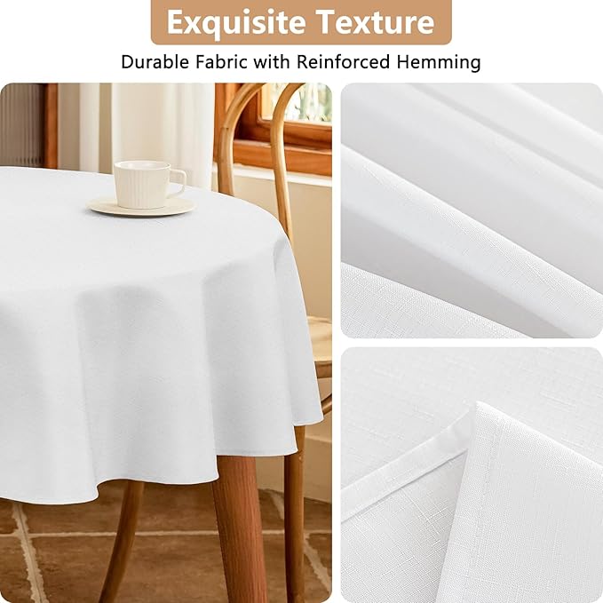 White Fabric 60 Inch Round Table Cloth Faux Linen Textured Water Resistant & Wipeable Circle Tablecloth Reusable for Dining Kitchen Patio