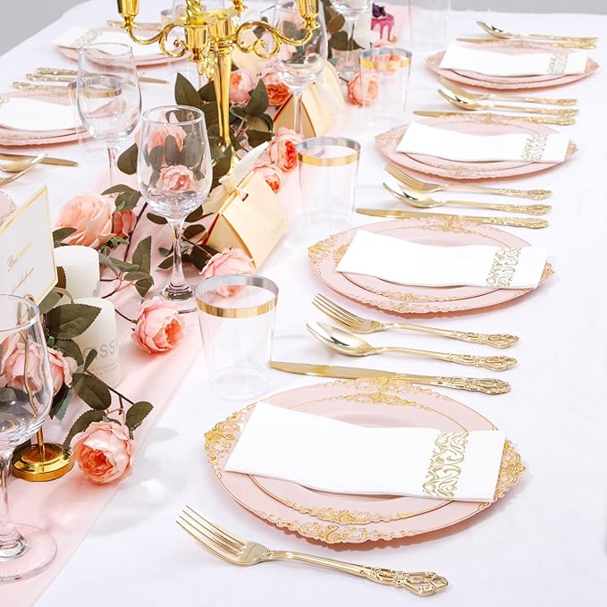 YOUBET 700PCS Pink Plastic Plates - Pink and Gold Plates - Luxury Pinks Dinnerware Set Include 200 Disposable Plates, 300 Heavy Duty Silverware, 100 Cups, 100 Napkins for Wedding Party Valentines Day
