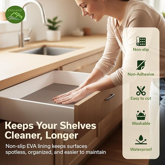 EVALAND Shelf Liners for Kitchen Cabinets Non-Adhesive 12" x 33 FT Beige Drawer Liner Non Slip, Washable Cabinet Liner, Waterproof Shelf Liners for Cabinets, Refrigerator Bathroom Pantry Cabinet Mat