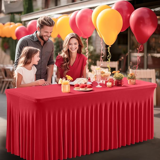 6 Packs Red Spandex Table Clothes for 8 Foot Rectangle Table, Spandex Table Covers 8FT Stretch Table Skirts Wrinkle Free Fitted Table Cloth for Valentines, Event, Wedding, Banquet & Parties