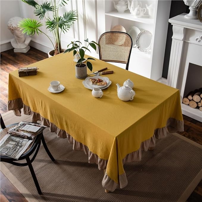Rectangular Tablecloth Ruffled Yellow Tablecloth Plain Tablecloth Washed Cotton Suitable for Restaurant Camping(Style1,140 * 180cm)