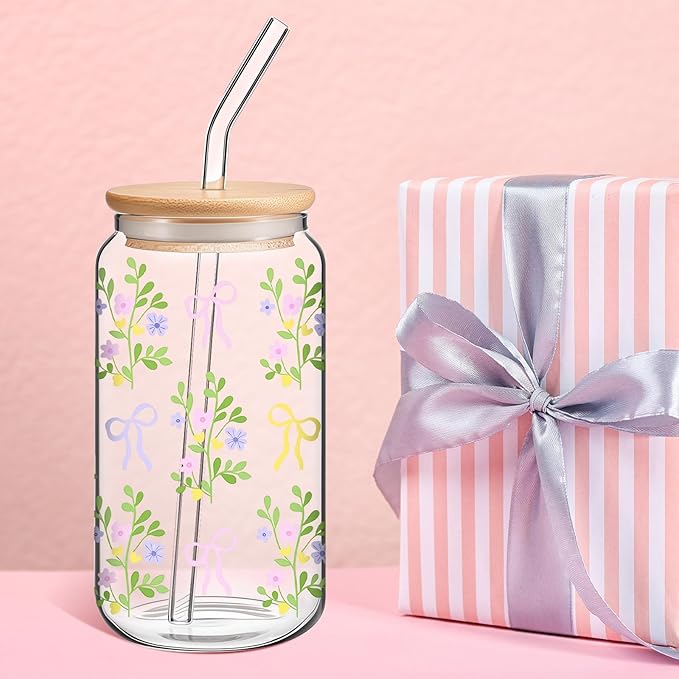 Hoolerry Coquette Bow Aesthetic Cup, 16 oz Dainty Glass Cup in Pink with Lid and Straw, Vintage Coquette Aesthetic Drinking Jar for Girls Women Valentines Birthday Party Favors(Bow Plant)