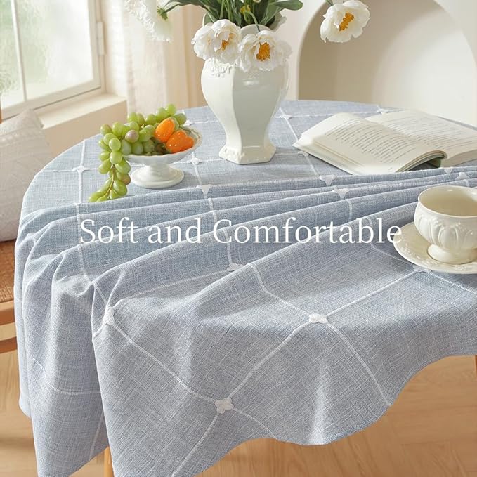 Zobesta Linen Blue Table Cloth Round Tablecloth Gingham 53 inch, Washable Farmhouse Soft Boho Round Table Cloth for Outdoor, Party, Holiday, Picnic, Dining