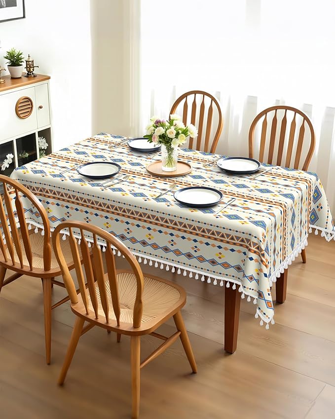 Bohemian Linen Tablecloth Rectangle 55''x 90'', Boho Waterproof Dining Table Cover with Tassels, Farmhouse Table Cloth Wrinkle Free for Kitchen, Party, Picnic, Holiday
