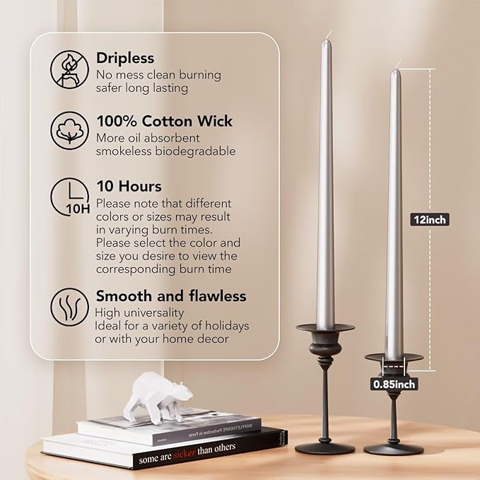 12-Inch Tall Dripless Taper Candles Set of 4 - Silver Tapered Candles, Perfect for Wedding,Christmas - Smokeless, Unscented, Long Burning - Hand Poured, Colored Tall Candlesticks - Plata