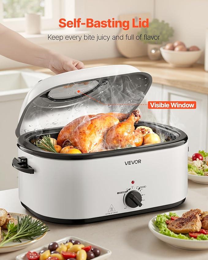 VEVOR Roaster Oven, 26QT Electric Roasting Pan, 150-450℉ Adjustable Temperature Fast-Cooking Turkey Roaster with Cool-Touch Handle, Visible Self-Basting Lid, Defrost & Warm Function, Fits 30lb Turkey