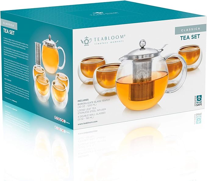 Teabloom Stovetop Safe Glass Teapot with Removable Infuser (40oz/1200ml) and Four Double Walled Glass Cups (5oz/150ml) - Classica Tea Set