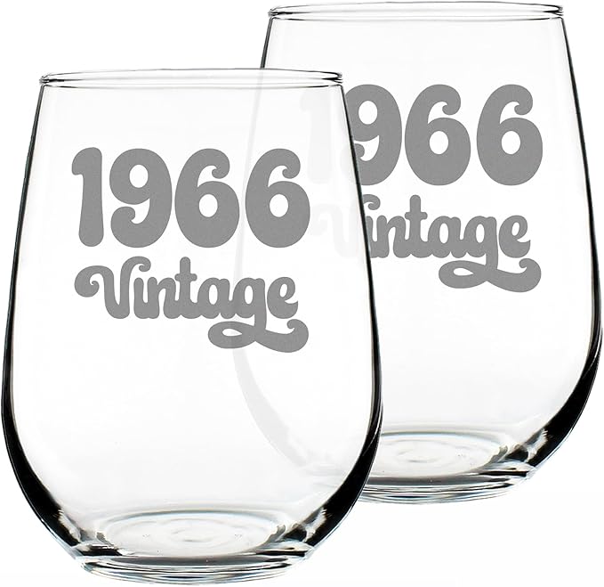 Bevvee Vintage 1966 Stemless Wine Glass - 60th Birthday Gifts for Women & Men Turning 60 - Bday Party Decor - Set of 2 - Large 17 oz