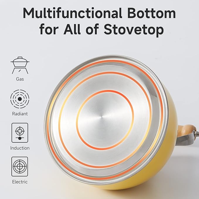 ROCKURWOK Tea Kettle, Tea Pot with Cool Touch Ergonomic Handle, Teapot Food Grade Stainless Steel, Tea Kettle Stovetop, Kettle Teapot, Whistling Tea Kettle, Tea Pot, 2.7 Quart (Yellow)