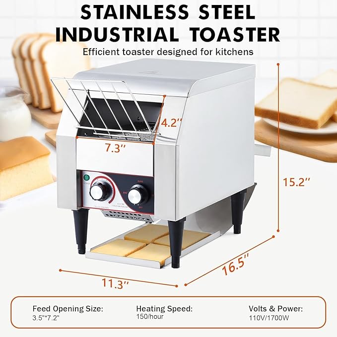 Commercial Conveyor Toaster, 150 Slices/Hour Stainless Steel Toaster Oven with Dual Heating & 7-Speed Belt for Bagels/Buns/Bread in Cafes/Buffets