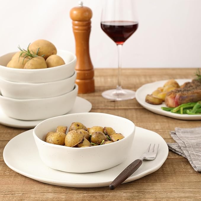 Stone by Mercer Project HEKONDA Modern Debossed Stoneware 16-Piece Dinnerware Set, Plate and Bowl Set, Dish Set for 4, White Speckled