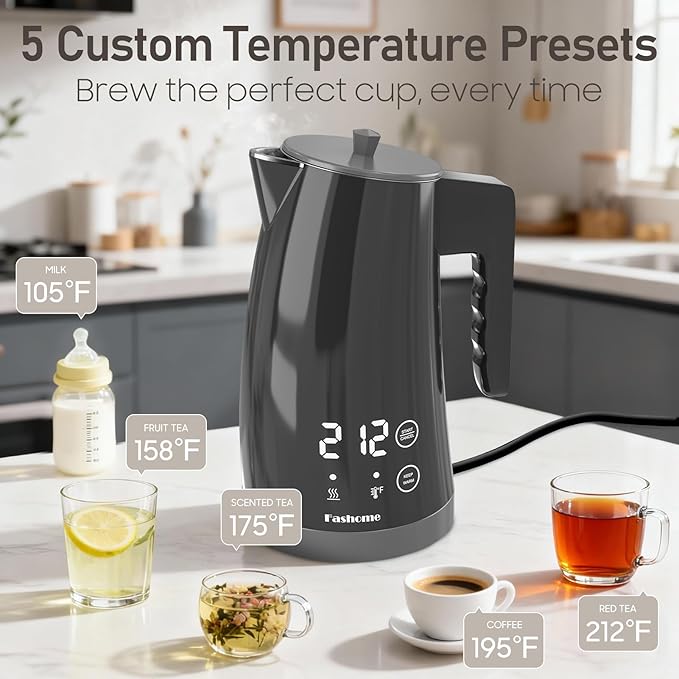 Electric Kettle with Temperature Control, 5 Preset Temps, 2H Keep Warm -1200W Quiet Water Boiler,Electric Tea Kettle with BPA-Free, Digital Cool-Touch, Rotating Base for Home,Office, Kids(Gray)