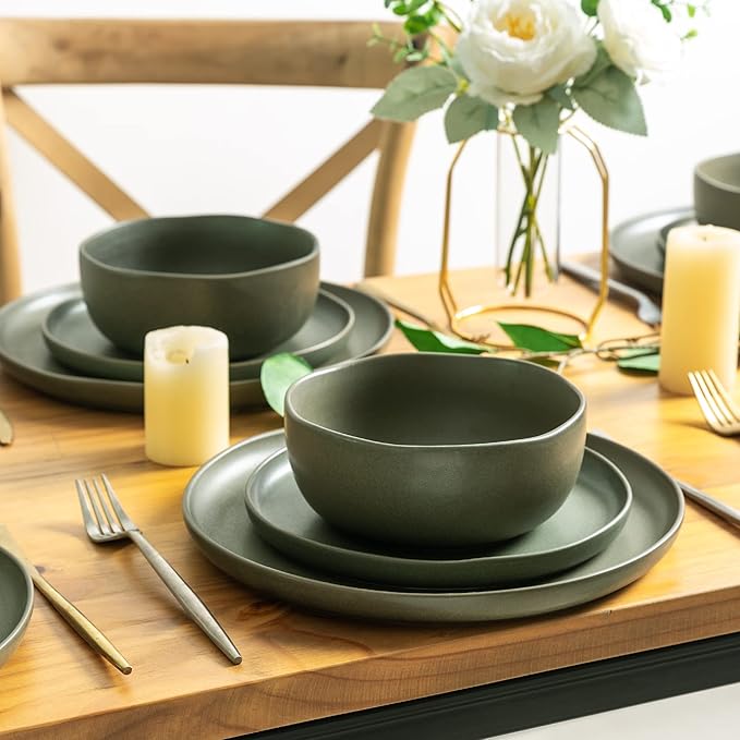 AmorArc Ceramic Dinnerware Sets, Wavy Rim Stoneware Plates and Bowls Sets,Dishwasher & Microwave & Oven Safe Dishes set, Service for 4 (12pc)