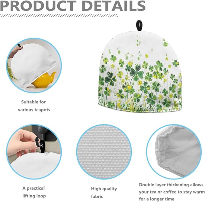 Tea Cozy for Teapots with Handle, St. Patrick's Day Shamrock Print Dust Insulated Cover, Hanging Fold-Up Design, Suitable for Kitchen and Living Room Table Decoration