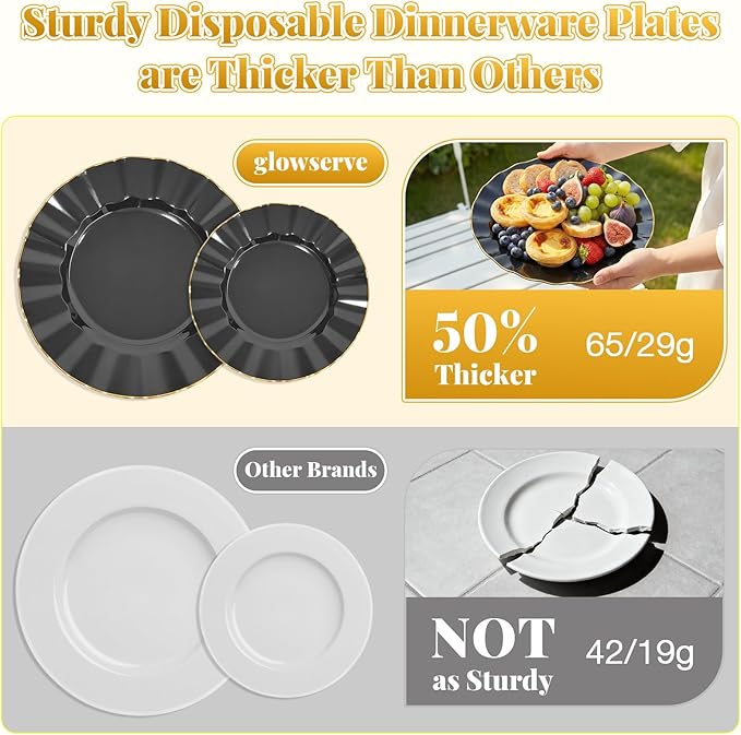 175 Plastic Dinnerware Set,Disposable Dinnerware Set for 25 Guests Include 50 Plastic Plates,25 Silverware Set,25 Cups and 25 Napkins for Thanksgiving Christmas,Party,Wedding（Black and Gold）
