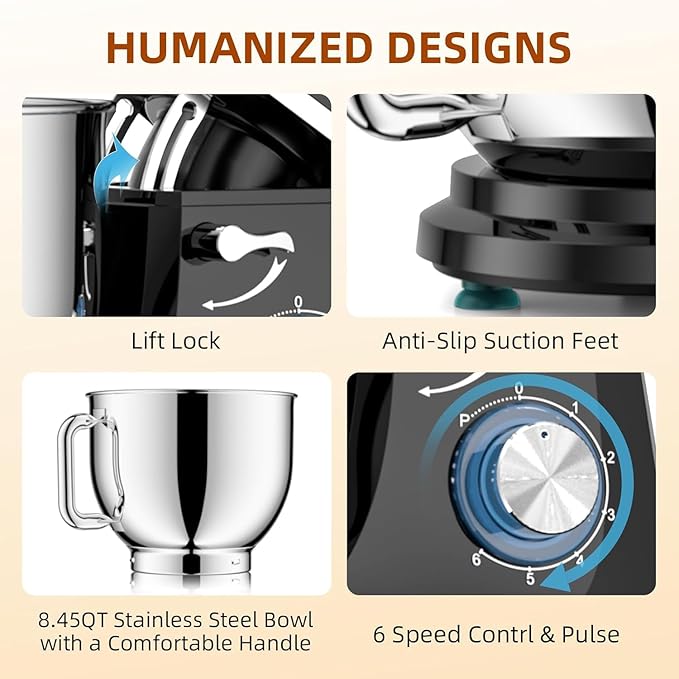 Dough Mixer 8.45 QT Electric Mixer - 660W 6 Speed Large Capacity Kitchen Stand Mixer with Whisk Dough Hook Mixing Beater Household Food Mixer for Baking Cakes Cookie Bread Salad(Black)