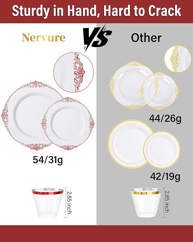 Nervure 350PCS Red Plastic Plates - White Red Plastic Dinnerware Set for 50 Guests - 100 Red Disposable Plates, 50 Pre Rolled Cutlery Set, 50 Cups Perfect for Wedding & Party & Valentine