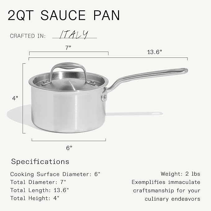 Made In Cookware - 2 QT Ceramic Non Stick Saucepan with Lid - 5-Ply Stainless Clad with Stay-Cool Handle - Professional Cookware - Crafted in Italy - Induction Compatible