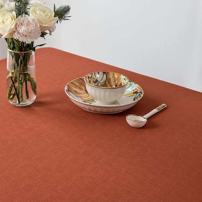 maxmill Rectangle Slubby Textured Tablecloth Waterproof Spillproof Wrinkle Free Fall Table Cloth, Kitchen Dining Room Thanksgiving Decoration, Fabric Table Cover Halloween Party, 52 x 70 Inch, Rust