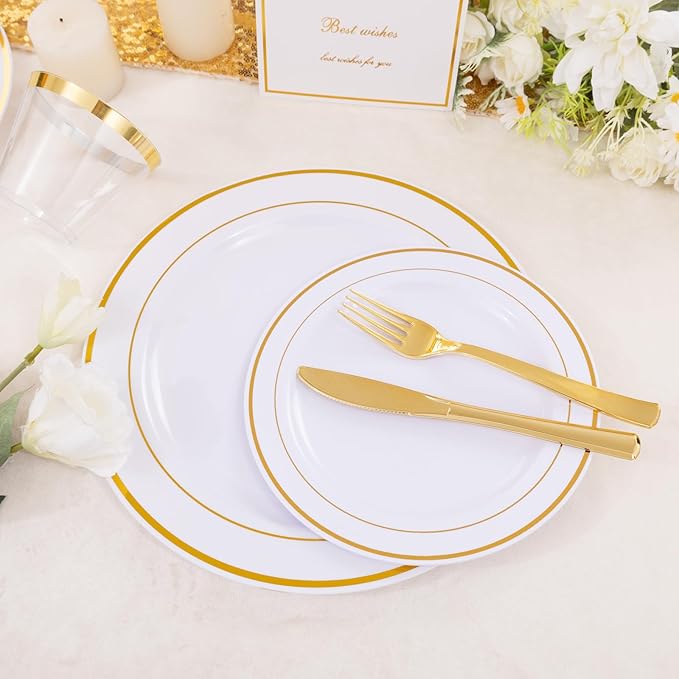DaYammi 350PCS Gold Plastic Dinnerware Set for 50 Guests, Fancy Disposable Plates for Party, Include: 50 Dinner Plates, 50 Dessert Plates, 50 Pre Rolled Napkins with Gold Silverware, 50 Cups