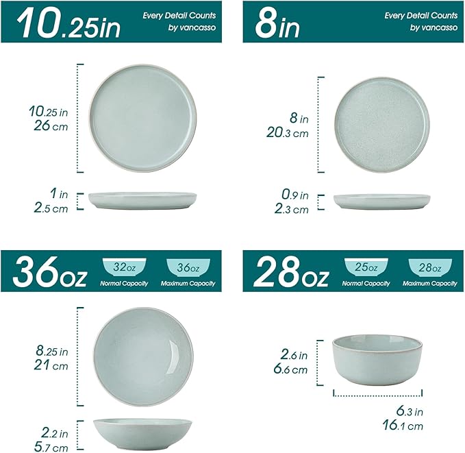 vancasso ANYA 24 Pieces Plates and Bowls Set, Mint Green Dinnerware Sets, Reactive Glaze Dishes Set for 6, Ceramic Dishware Sets Kitchen Dinner Set, Microwave & Dishwasher Safe
