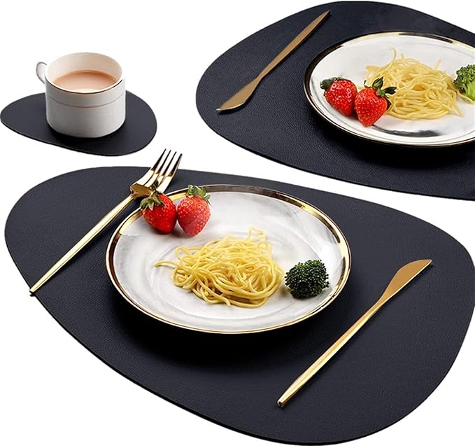 PU Leather Placemats Set Dining Table Mats Wipeable Easy to Clean Stain Heat Waterproof Place Mats(Blue,4xPlacemat 4xCoaster)