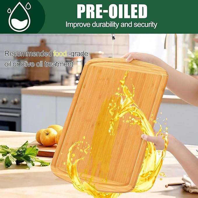 Homaxy Bamboo Cutting Boards for Kitchen Set of 2, Wood Cutting Board Set with Juice Groove, Wooden Butcher Block Chopping Board Set for Kitchen, Meat, Cheese, Fruit & Vegetables - Pre Oiled, Two-Tone