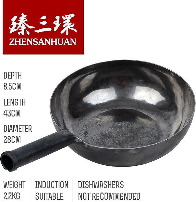 臻三环 ZhenSanHuan Chinese HandHammered Iron Woks and Stir Fry Pans, Non-stick, No Coating, Induction Suitable, 章丘铁锅，舌尖上的中国，A bite of China (28CM)