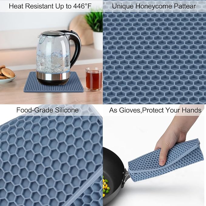 4 Pack Silicone Trivet Mat, Silicone Trivets for Hot Pots and Pans, Non-Slip & Heat Resistant Silicone Hot Pad for Kitchen Counter Mat Set, Soft Drying Mat, Jar Opener and Coasters, Square, Blue