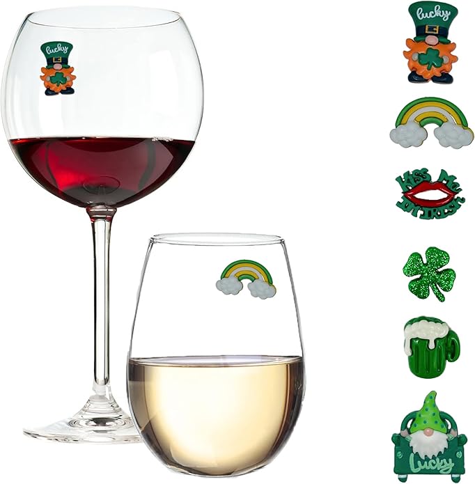 Simply Charmed St. Patrick's Day Gnome Magnetic Wine Glass Charms – Green Drink Markers, St. Pat’s Party Accessories, Set of 6