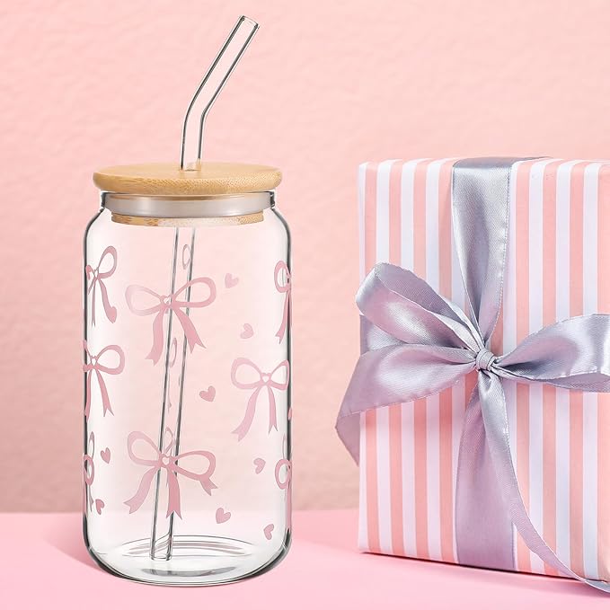 Hoolerry Valentines Bow Glass Cup, 16 oz Pink Bow Cup with Lid and Straw, Vintage Coquette Aesthetic Drinking Jar for Girls Women Valentines Birthday Party Favors