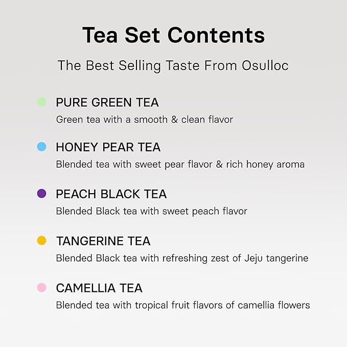 OSULLOC Premium Tea Collection (40 count, 10 flavors x 4 ea), Self Care Sampler Gift Box, Premium Organic Pure & Blended Tea from Jeju