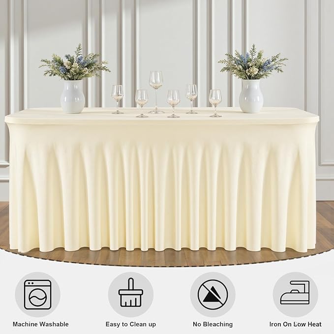 6FT Ivory Rectangular Tablecloth - Washable & Wrinkle-Free Stretch Fit with Table Skirt Design for 72 Inch Tables, Perfect for Wedding Parties Banquet – Ideal for Event Planner & Home Host