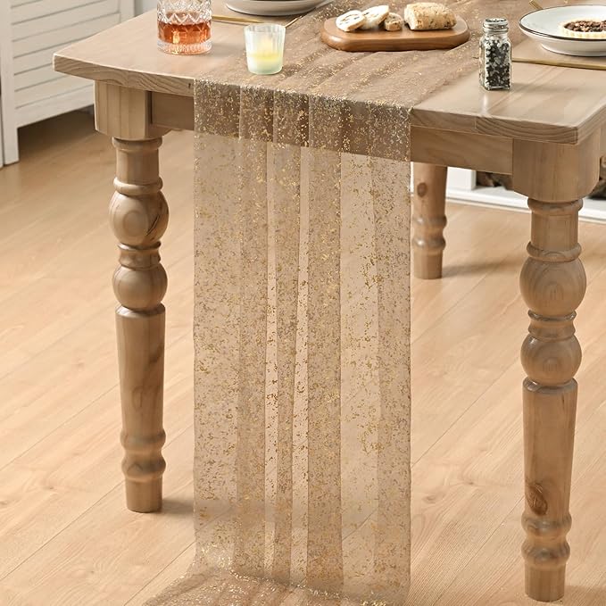 Artoid Mode Coffee Gold Gauze Table Runner 120 Inch 10FT, Glitter Metallic Foil Sheer Dining Wedding Anniversary Holiday Birthday Table Decor for Home Party