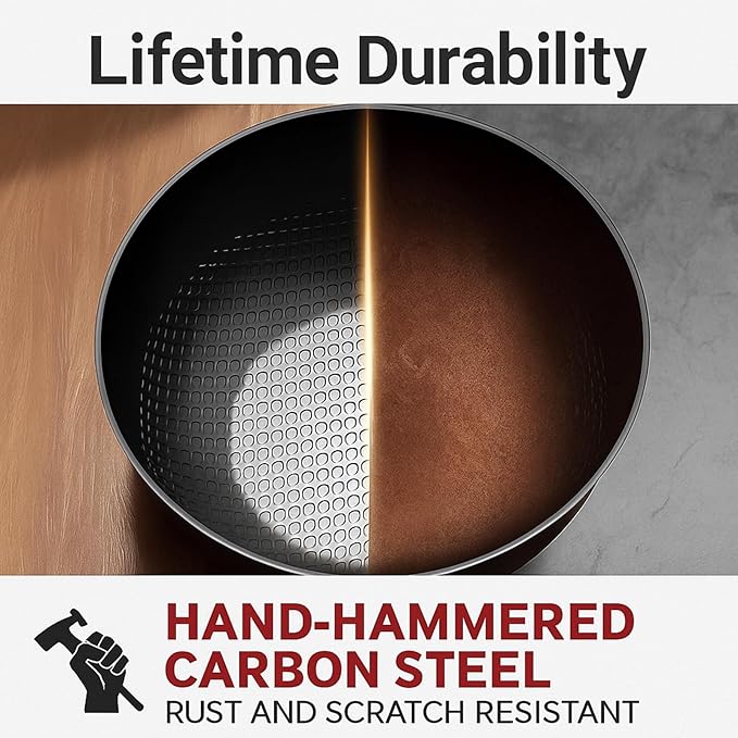 Carbon Steel Wok Pan, Fish Scale Pattern Flat Bottom Stir Fry Pan (Seasonable Nonstick, Induction & Gas Compatible) – High-Wall Handmade Pan, Sizes 20/22/24/28cm, Optional Glass Lid (24cm)