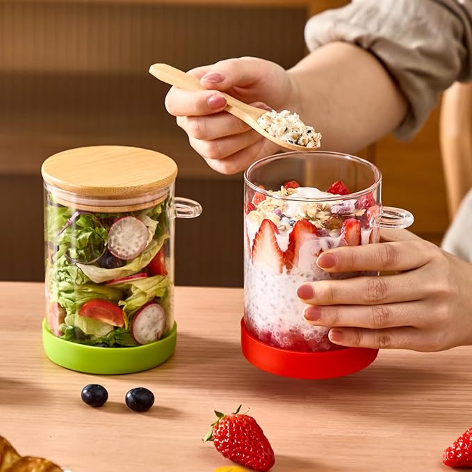 Set of 6 Airtight Overnight Oats Jars with Bamboo Lids and Spoons, 22 OZ Overnight Oats Containers with Lids,Glass Food Storage Jar Perfect for Coffee, Tea, Sugar, Beans, and More