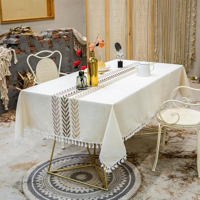 Pahajim Linen Tablecloth Rustic Rectangle Table Cloth Cotton Striped Tassels Tablecloths for Kitchen Dining Table Cover Rectangle/Oblong,55''x102'', 8-10 Seats
