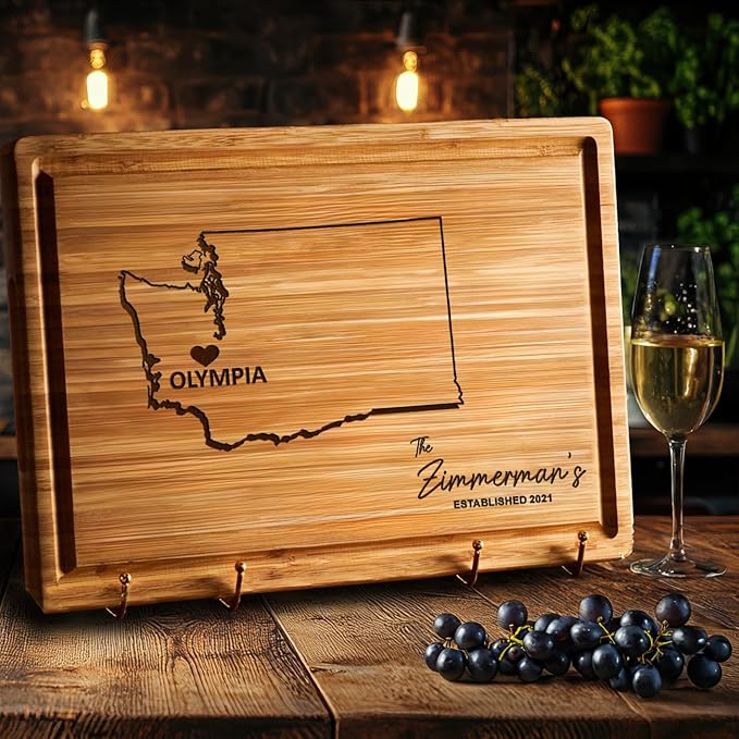 Washington Cutting Board, Personalized State Charcuterie Board, Bamboo Seattle Gifts, Wooden States Souvenirs, Distance Family Gifts