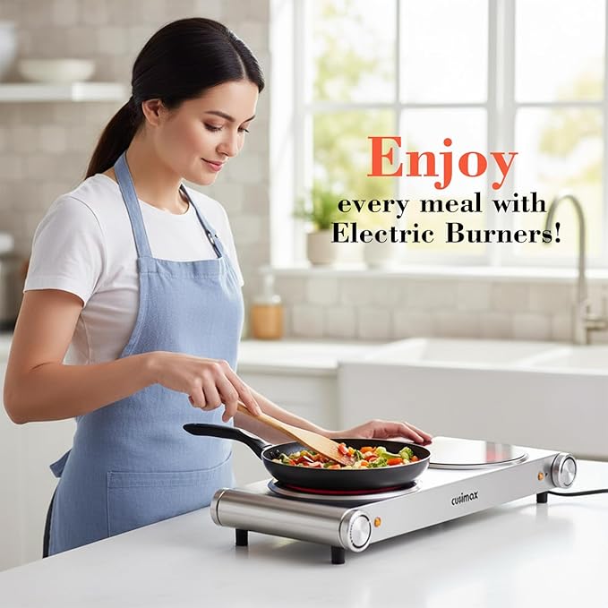 Double Burner, CUSIMAX Electric Burner 1800W Ceramic Hot Plate for Cooking, Glass Plate Infrared Burner, Portable Dual Control Electric Cooktop, Stainless Steel-Upgraded Version