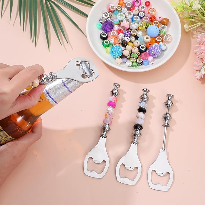 6 Pcs Beadable Beer Opener Metal DIY Bead Bottle Openers Reusable Bottle Opener Decorative Silver Flat Beer Bottles Openers for Crafts Birthday Wedding Christmas Bar Party Favor