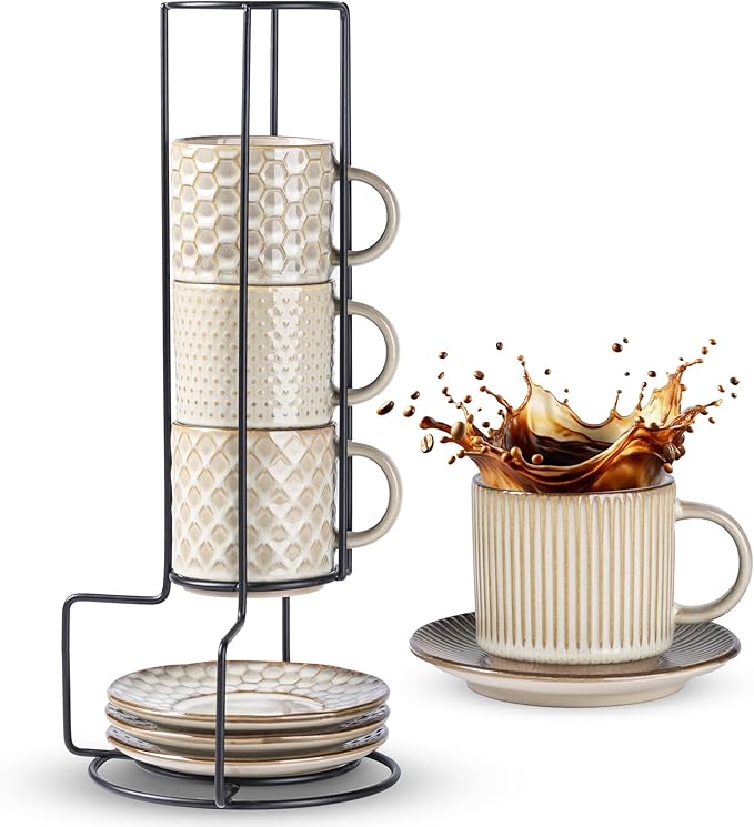 GBhome 6OZ Stackable Coffee Mugs with Stand and Saucer, Ceramic Coffee Mugs Set of 4 with Texture Patterns for Man,Woman,Dad,Mom, Modern Coffee Cups for Latte/Espresso. Dishwasher&Microwave Safe