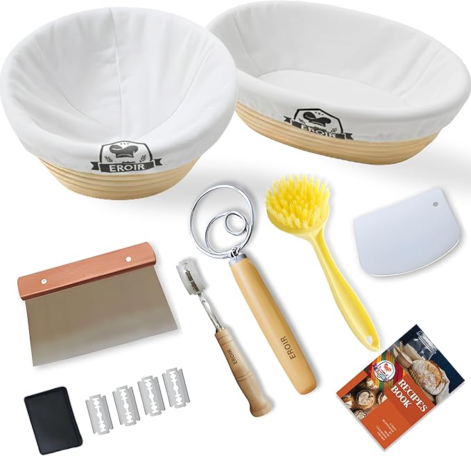 EROIR Sourdough Banneton Bread Proofing Basket Set - 9" Round 10" Oval Linen Lined Baskets Baking Supplies, Danish Whisk, Lame, Bowl Scraper, Dough Scraper, Cleaning Brush, Recipes Book
