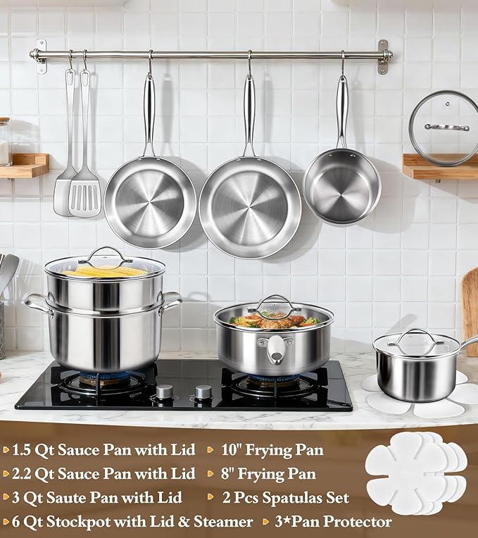 16-Piece Pots and Pans Set, Tri-Ply Stainless Steel Cookware Set with Lids, Non-toxic Kitchen Cooking Set, Dishwasher-Friendly, Induction-Ready, Even Heating, Heavy Duty, Compatible with All Cooktops
