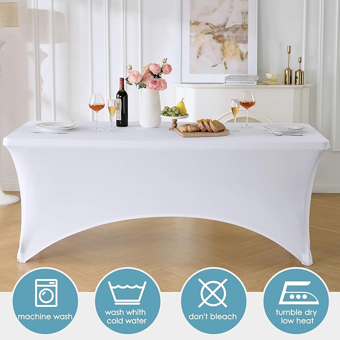 VidaFete Spandex Tablecloth 2 Pack 8FT, Fitted Stretch Table Cover for Rectangle Tables, Wrinkle Resistant and Washable Tablecloths for Outdoor, Picnic, Party, Wedding, Banquet, Birthday, White