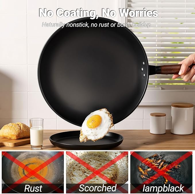 Carbon Steel Wok Pan, Nitrided Pre-Seasoned Round Bottom Woks & Stir-Fry Pans Nonstick, Chinese Wok with Glass Lid & Steel Rack for Gas for All Concave Stovetops, Gift for Chef - 13.4"
